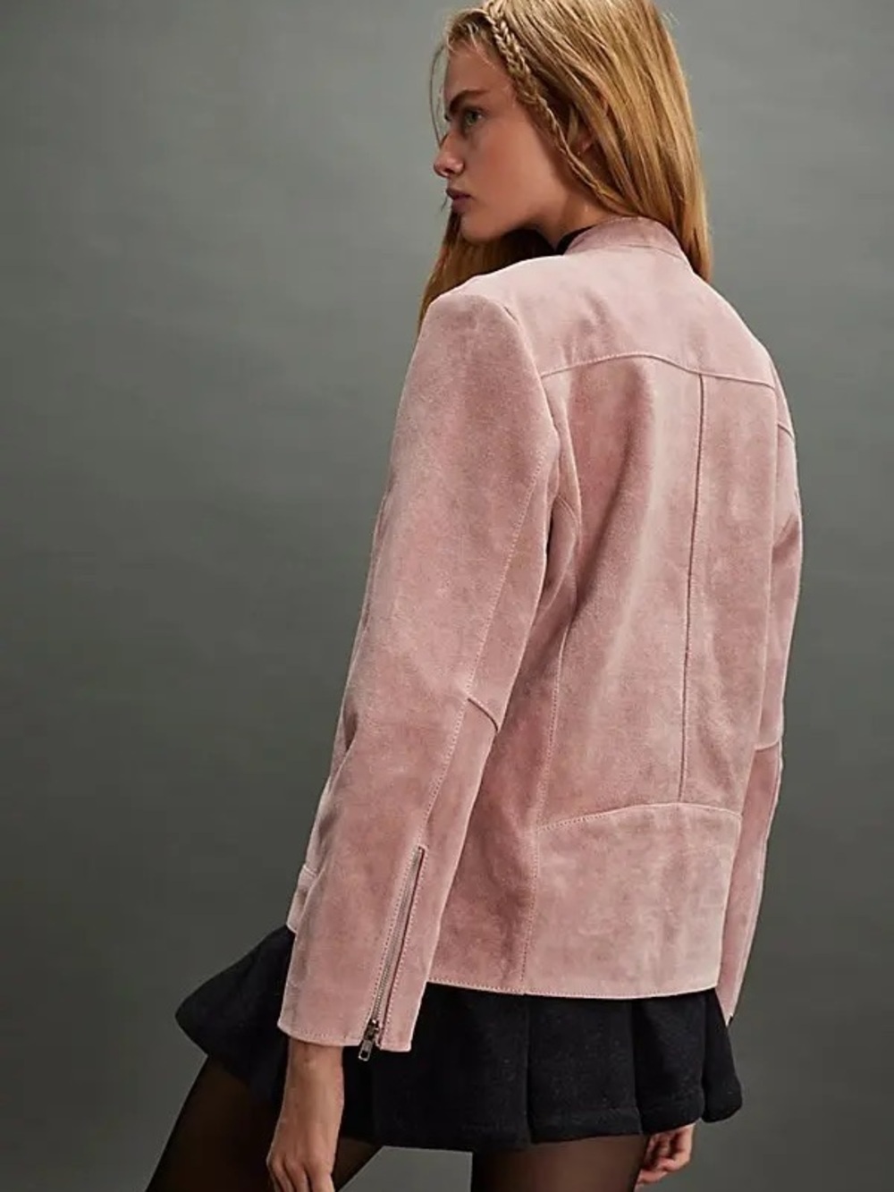 Understated Leather Free People Looker Light Pink Cow Suede Zip Moto Jacket Sz L - Picture 13 of 14
